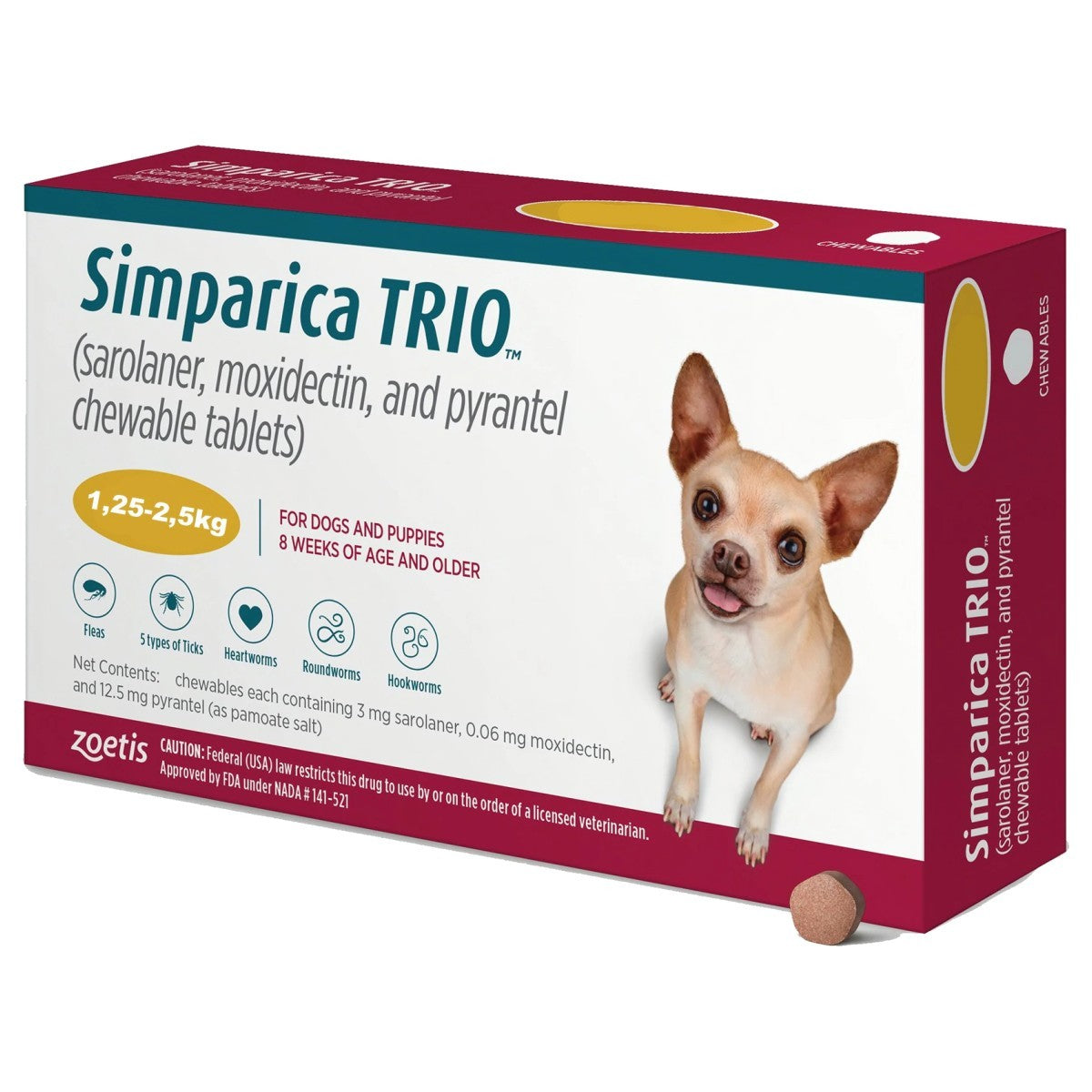 Simparica Trio 3mg Chewable Tablets for Dogs (1.25 - 2.5kg) 3s