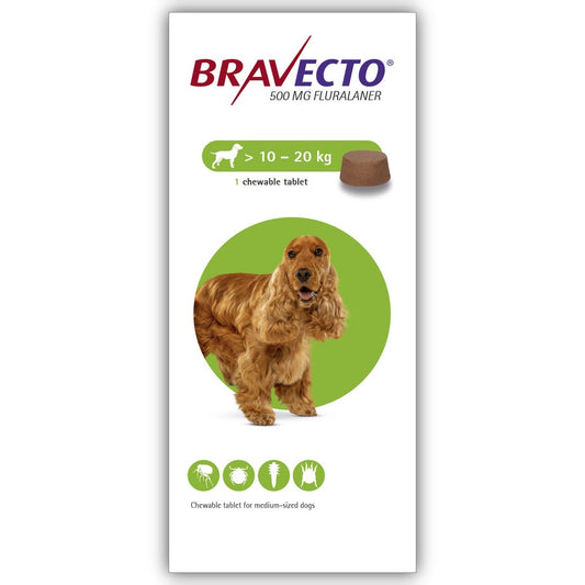 BRAVECTO 500 mg CHEWABLE TABLETS Small DOGS 10-20 Kg